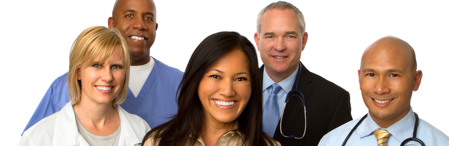 Group of diverse healthcare professionals smiling together.